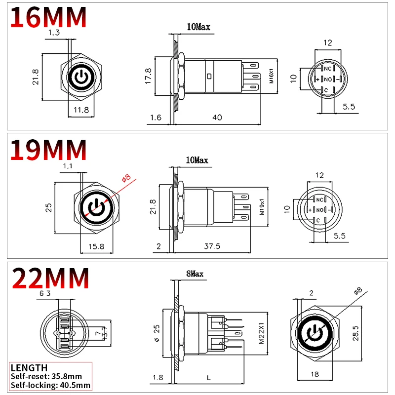 방수 금속 푸시 버튼 스위치 LED 라이트, 순간 자동차 엔진 전원 스위치, 블랙 1NO1NC, 16mm, 19mm, 22mm, 3 V, 6 V, 12 V, 24 V, 220V