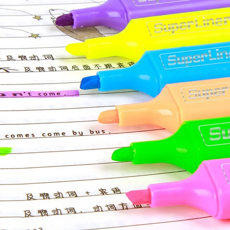 6pcs/Set Blique Highlighters Explosive Marker Colorful Underline Marker High Capacity Highlighter Office School Supplies