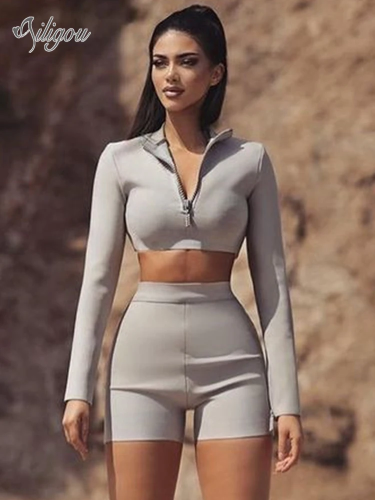 

Ailigou Fashion Half Zipper Stand Collar Long Sleeve Show Navel Bandage Suit 2022 Spring And Autumn New Fashion Party Suit