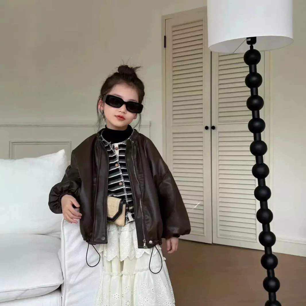 2025 가을 여아 캐주얼 쿨 긴팔 PU 가죽 재킷 아동 코트 아우터웨어