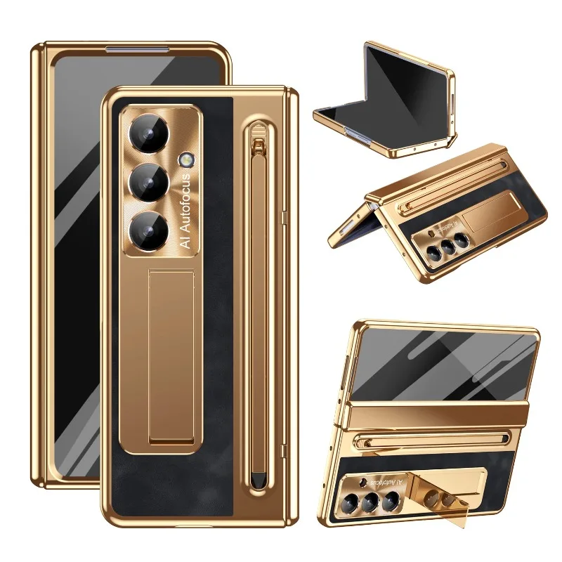 Premium Electroplated Matte Leather Hinge Case with Pen Slot and Touch Pen Holder