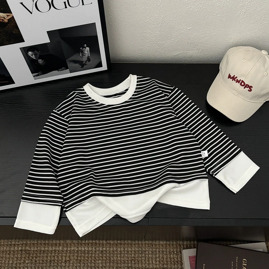 Kids Striped Long Sleeve Sweatshirt, Boys Girls Fake Two Piece Crew Neck Top, Children's Casual Loose Pullover for Spring Autumn