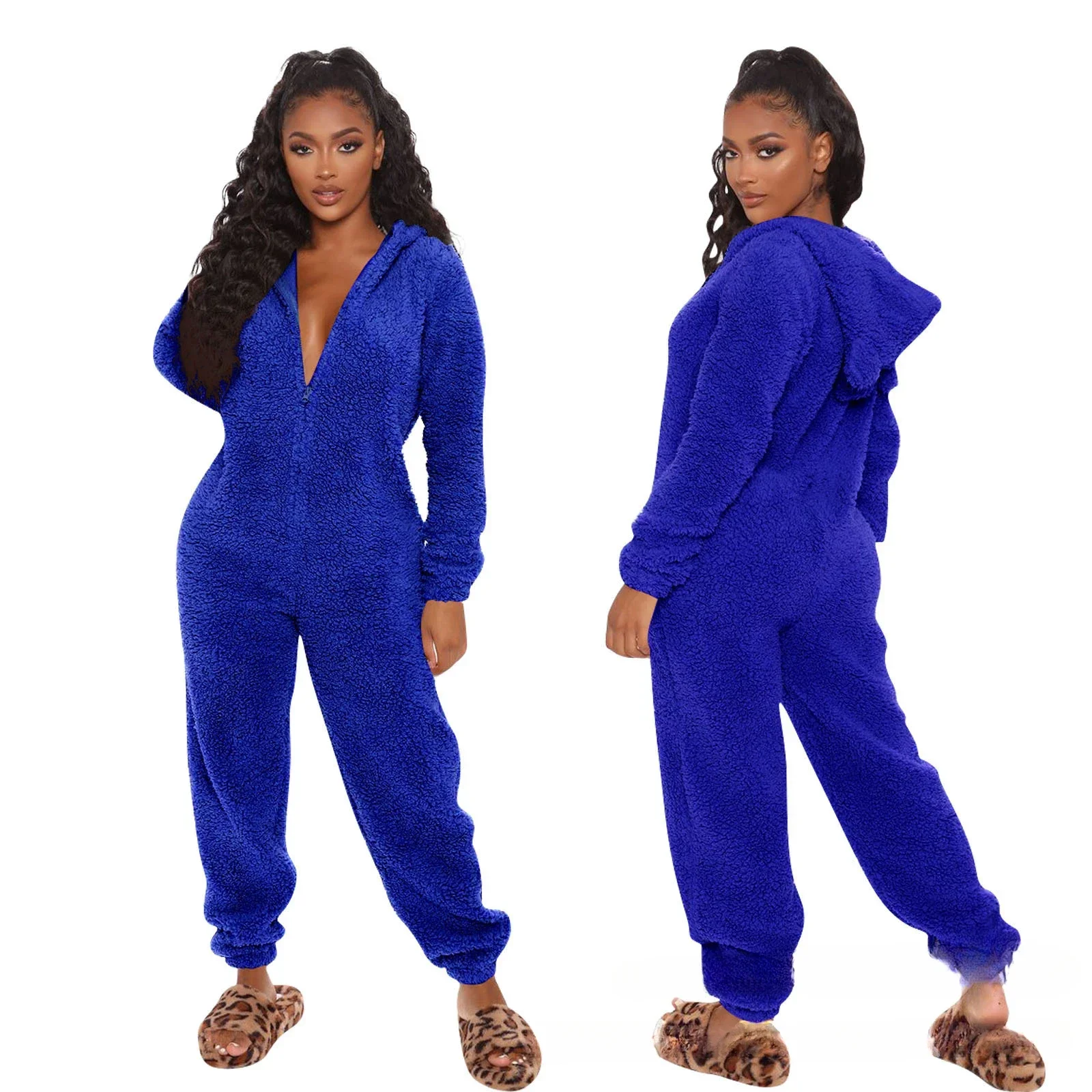 

Fashion Sexy Onesies Women Winter Warm Plush Romper Hood Sets Pajamas Solid Long-Sleeve Zipper Sleepwear Hooded Homewear 2024