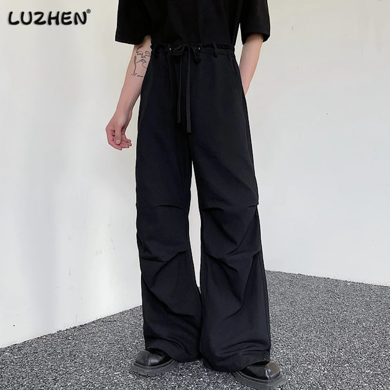 

LUZHEN Men Sweatpants Pleated Casual Cargo Pants Solid Color Straight Wide Leg Overalls Korean Style Baggy Oversize Trend E18c16