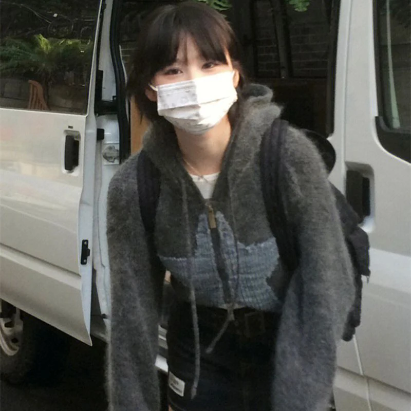 Y2K 크롭 니트 가디건 여성용 스타 프린트 후드 스웨터 재킷, 스트리트웨어 니트웨어 코트, 한국 점퍼 아우터 상의, 신상
