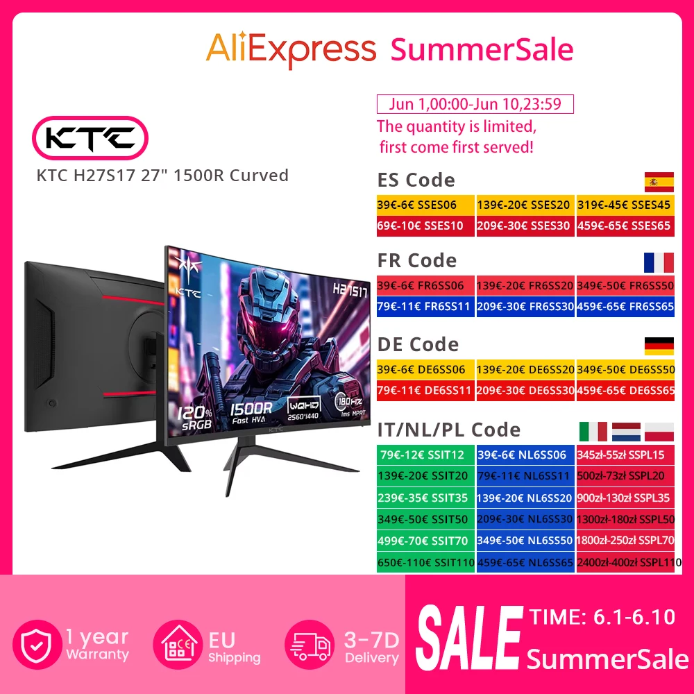 Monitor gamingowy KTC H27S17 27" 1500R z EU za $162.24 / ~608zł Monitor gamingowy KTC H27S17 27" 1500R z EU za $162.24 / ~608zł
