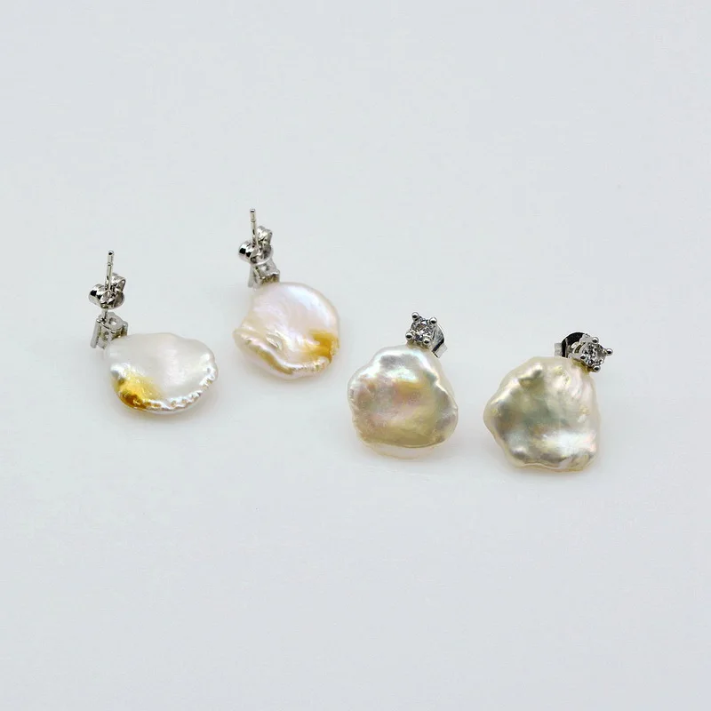 Pearl Earrings White Natural Pearl Silver Stud Earrings Irregular Shape Baroque Pearl Zirconia Women Flat Stud Earrings