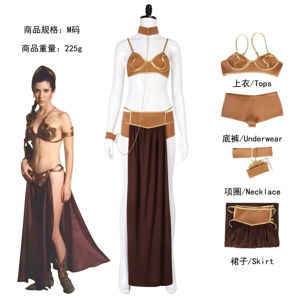 Movie Princess Leia Cosplay Costume Authentic Return of the Jedi Sexy Slave Dress&Golden Bikini Set Perfect for Halloween Party