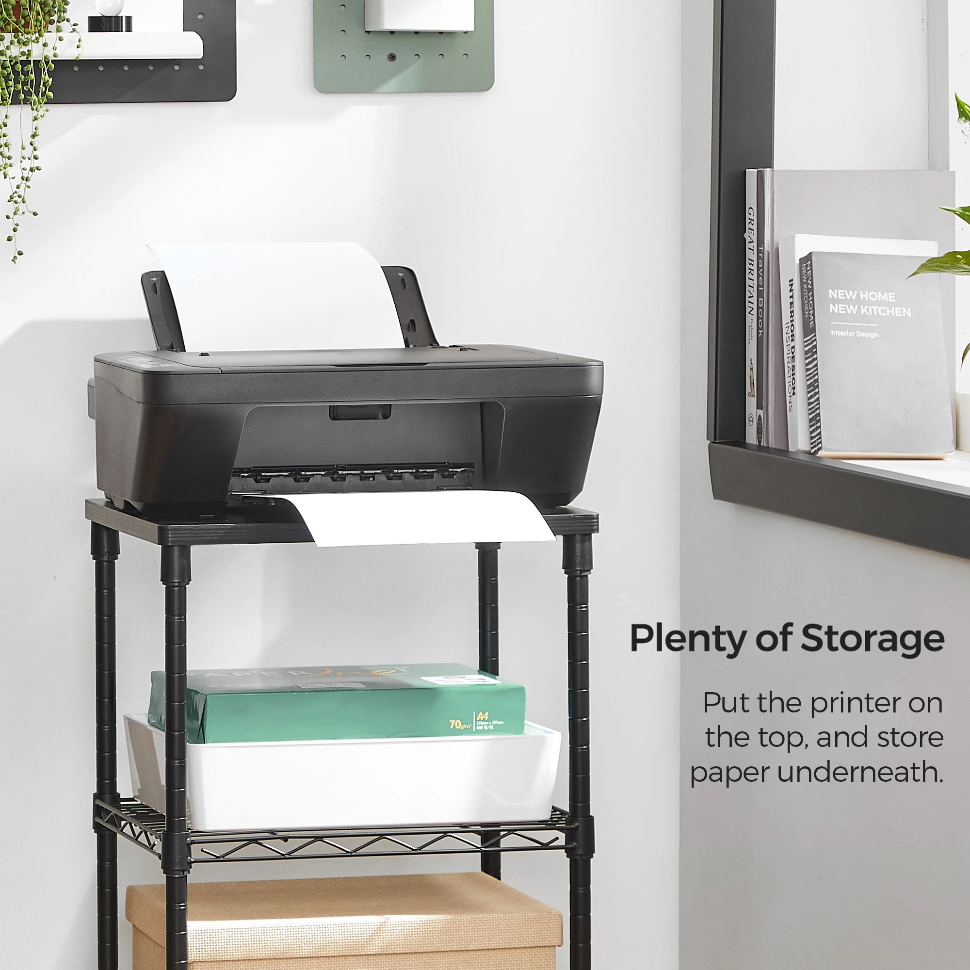 SONGMICS 3 Tier Printer Stand, Printer Table with Wheels, Rolling Printer Cart, Printer Desk with Metal Frame for Home Office 3