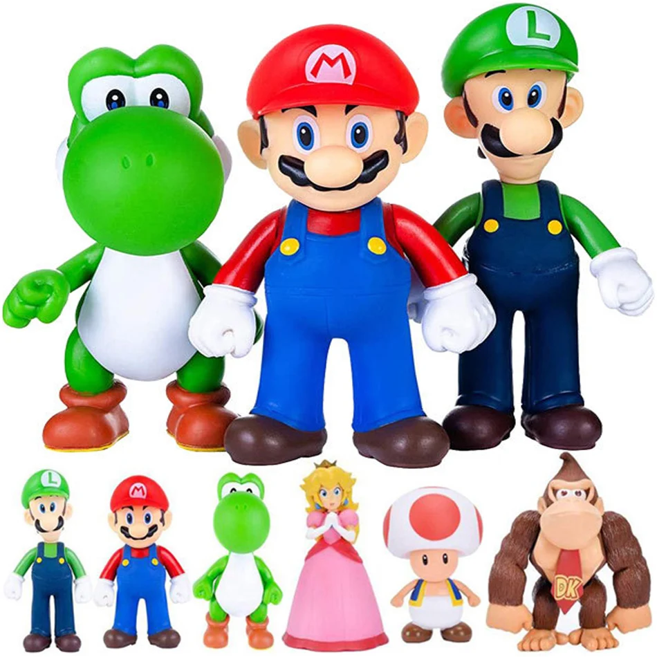 thumbnail image 1 of Treingi 2024 6 piezas/lote 8-13 cm Super Mario Bros PVC figuras de acción juguetes muñecas modelo conjunto Luigi Yoshi Donkey Kong hongo para niños regalos de cumpleaños, 1 of 5