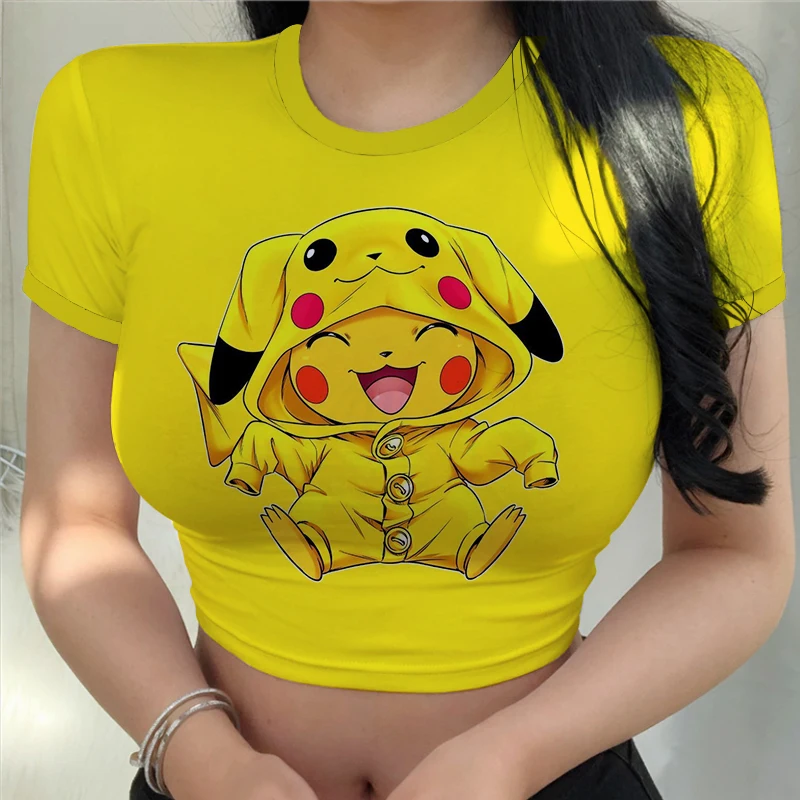 

T-shirt New Women's T-shirts Summer 2023 Y2k Fashion Crop Top Pikachu Harajuku Sexy Kawaii Clothes Pokémon Anime Tops Clothing