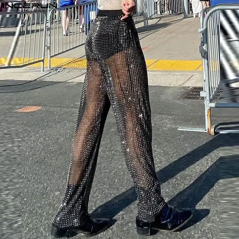 

INCERUN мужские брюки, сетчатые прозрачные блестящие пикантные брюки с эластичной талией, Мужская Уличная одежда 2024, модные повседневные длинные брюки