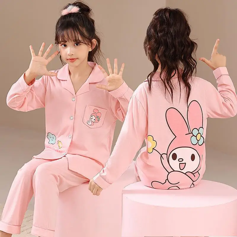 

2024 Spring Kawaii Miniso Children's Pajamas Set Anime Kuromi My Melody Cinnamoroll Kids Cotton Sleepwear Boy Girl Home Clothing