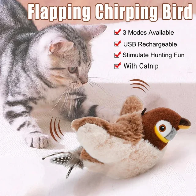 Hot Cat Interactive Toys Catnip Electric Pat Bird (with Catnip) Dog Cats Touch-Activated Squeaky Plush Toy Pet USB Rechargeable 2