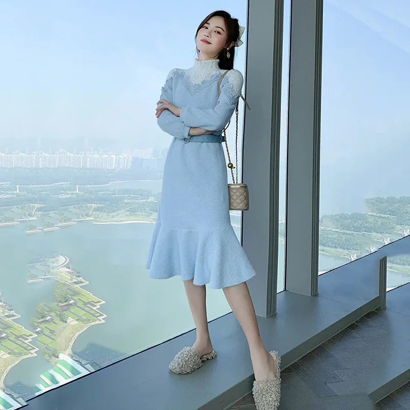 

High end skirt in winter with coat high neck thickened inside with bottomed dress 2022 new French women's autumn and winter