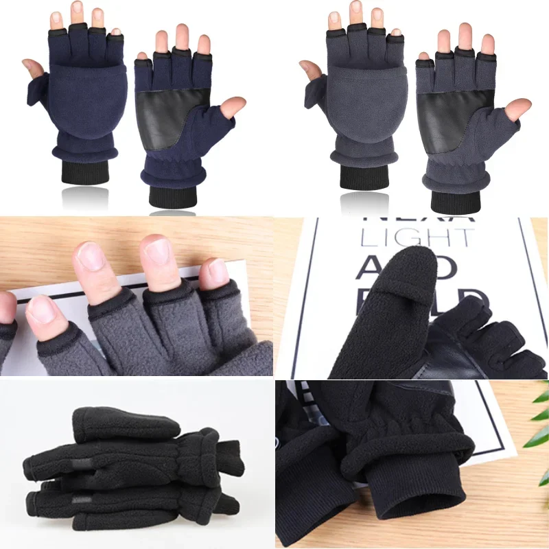 Winter warm Gloves Fingerless Convertible Thermal Mittens Gloves Windproof Polar Fleece Warm men women double-layer Flap Gloves 4