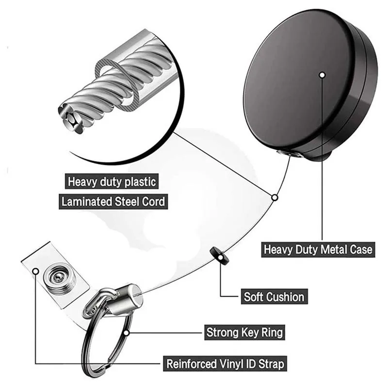 1pc Retractable Keyring Strong Heavy Duty Key Chain Steel Belt Clips Extending Steel Lanyard Reel Cool Fashion Black Key Ring 3