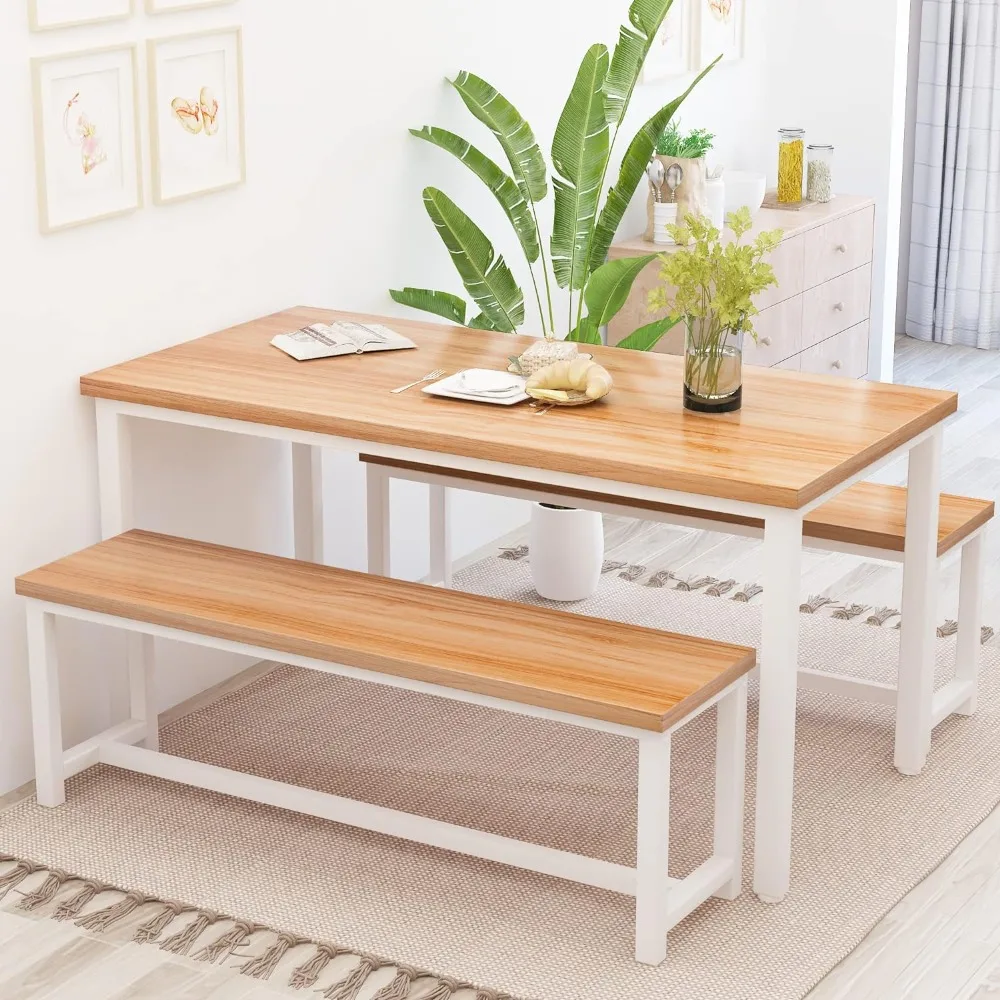 Dining Table Set for 4 Kitchen Table Set with 2 Dining Benches, 3 Piece Farmhouse Dining Room Table Set Industrial