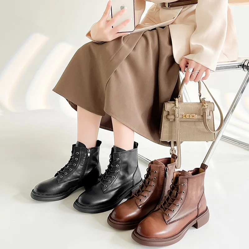 

First Layer Cowhide Martin Boots Women's Wild British Retro Motorcycle Boots Brown Thick Heel Winter Women's Shoes Leather