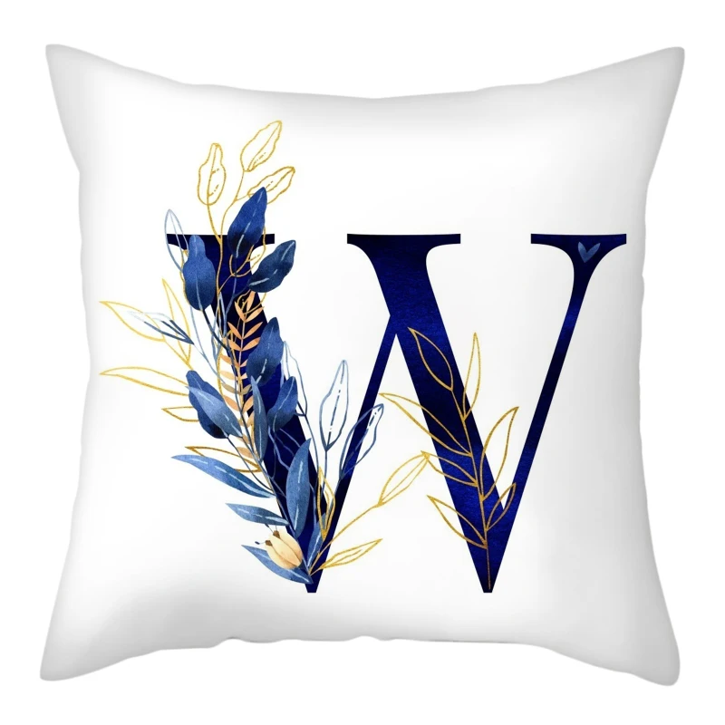 Simple Blue Leaf Alphabet Print Cushion Case 26 Letters Decoration Pillows Case Sofa Chair Livingroom Polyester Throw Pillowcase 