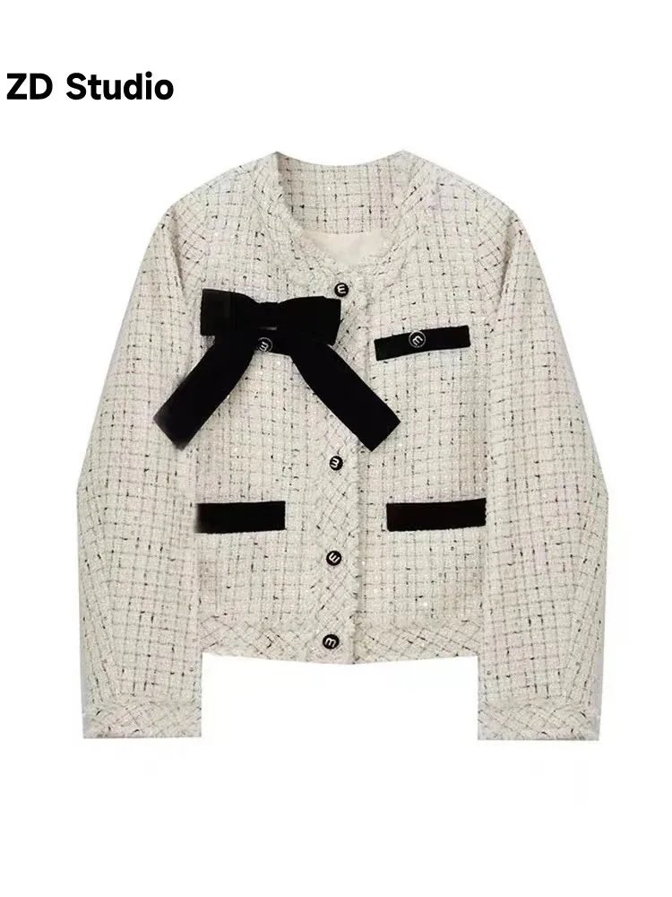 

[ZD Studio] Detachable Bow Small Fragrant Coat For Women's 2023 Spring New High End Sense Celebrity Temperament Top