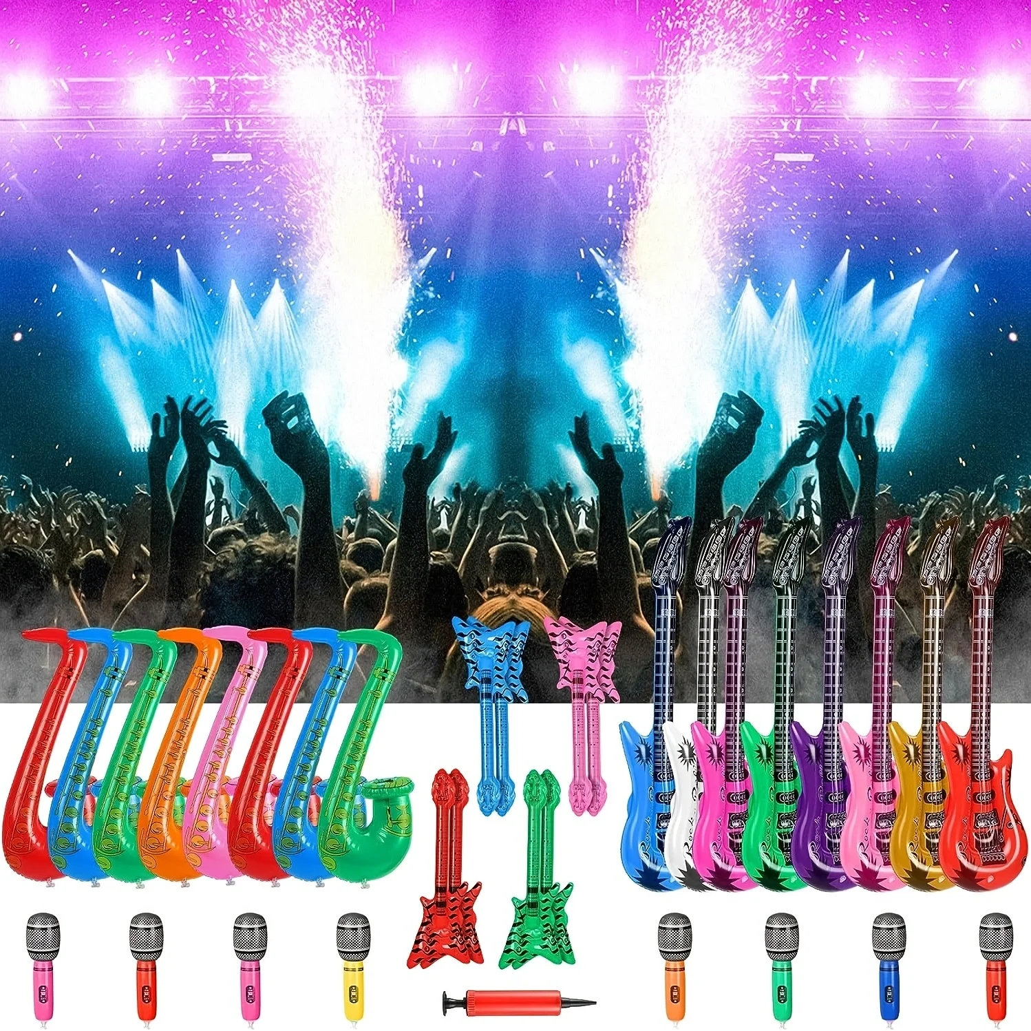 20 Pack includes 6 inflatable microphones, 4 guitars, 1 saxophone, 1 keyboard, radio, 6 glasses and pump ( random color)