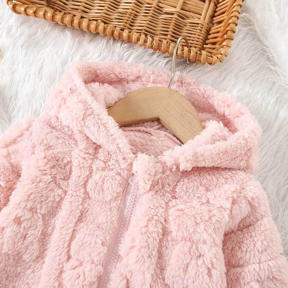 Autumn And Winter Woolen Sweater For Girls Cute Hooded Baby Girl Solid Color Cartoon Bear Heart-Shaped Woolen Jacket