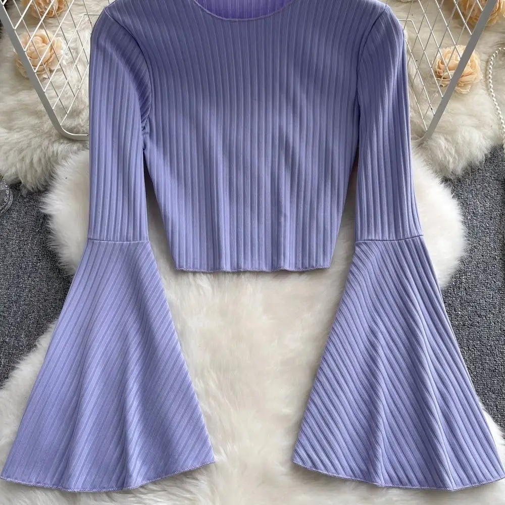 Hotsweet Elegance Casual Fashion Flared Sleeve Long Sleeve Crop Top Slim T-shirt And Blouses Autumn Y2k Clothes For Woman Basics