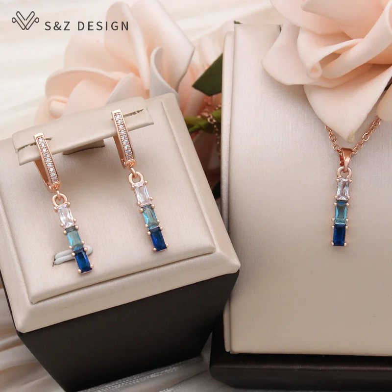 S&Z DESIGN New Fashion Rectangle Gradation Cubic Zirconia Pendant Necklace For Women Party 585 Rose Gold Color Jewelry Gift