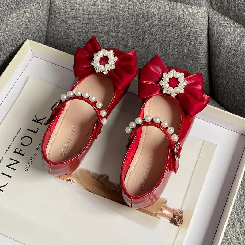 Girls Mary Jane Shoes New Soft Kids Fashion Girls Mary Jane Shoes Bow with Pearls Versatile Simple Children Casual Platform Moccasin Leather Shoes
