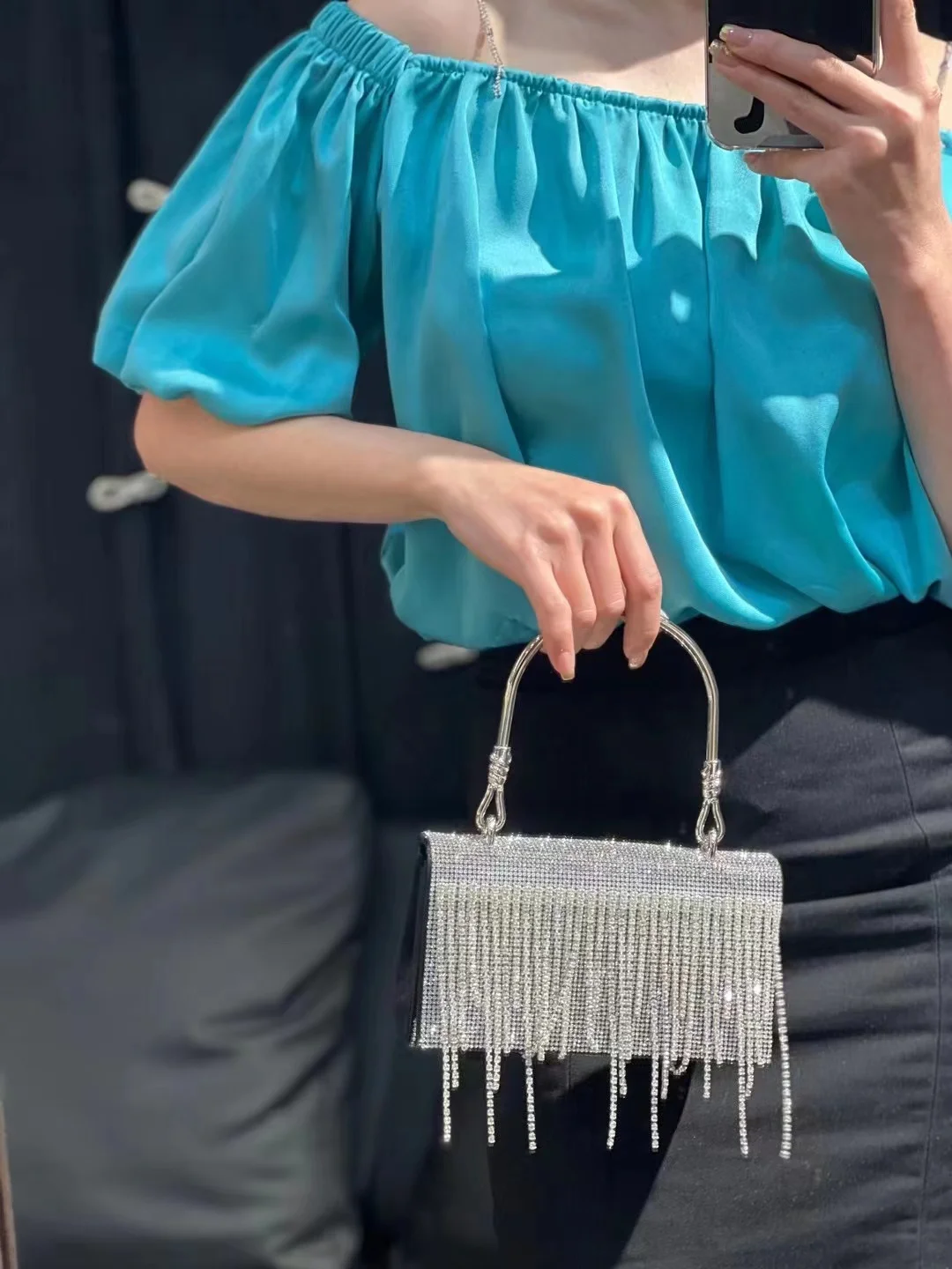 Luxury Designer Bling Tassel Rhinestone Diamond Square Bag Women's Handbag Evening Bag Dinner Party Clutch Purse Shoulder Bag