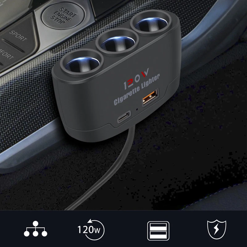 

120W Car Cigarette Lighter Splitter 3 in 1 Dual USB Socket Fast Charger Plug 12V 24V for Automotive Electronics Power Adapter