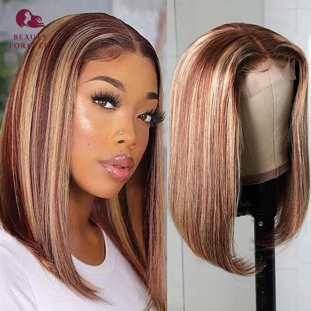

Beauty Forever Honey Blonde Short Bob Wig Highlight Colored Brazilian Human Hair Straight T Part Lace Hair Wig