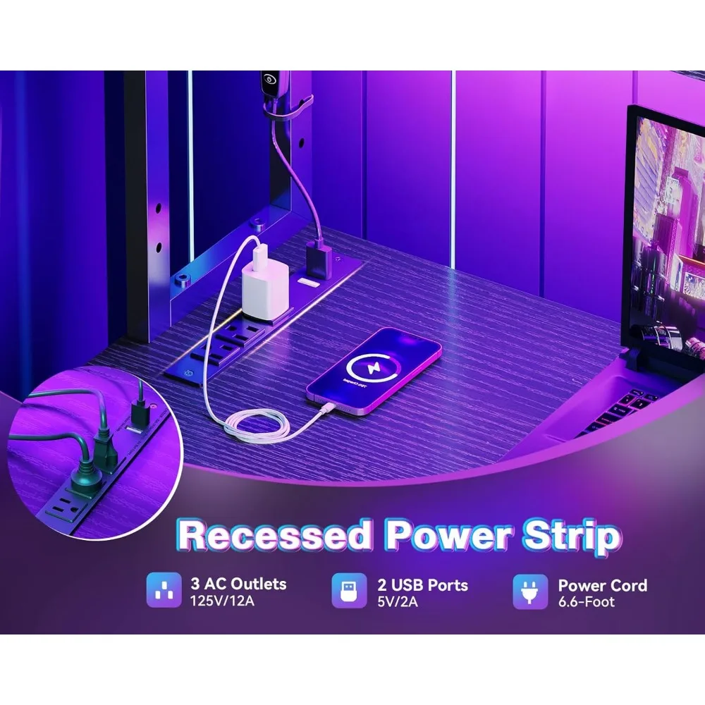 L Shaped Desk Gaming Desk with LED Light & Power Outlet, 43 Inch Reversible L Shaped Computer Table with Shelf, Corner Desk wit