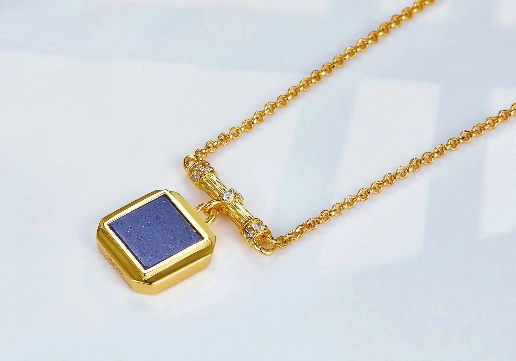 Silver 18K Gold Malachite Lapis Lazuli Square Pendant Choker Necklace