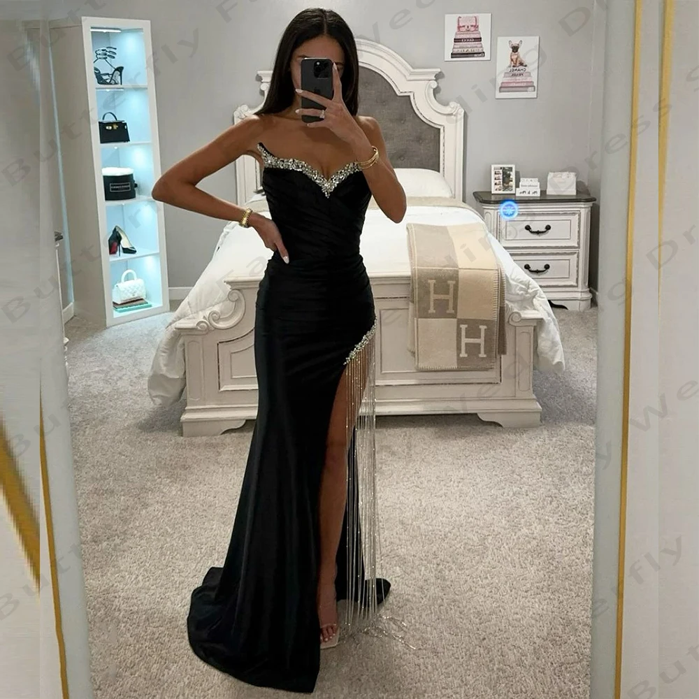 

Gorgeous Satin Beautiful Evening Dresses Mermaid Formal Sexy Off The Shoulder Sleeveless High Slit Simple Mopping Prom Gowns