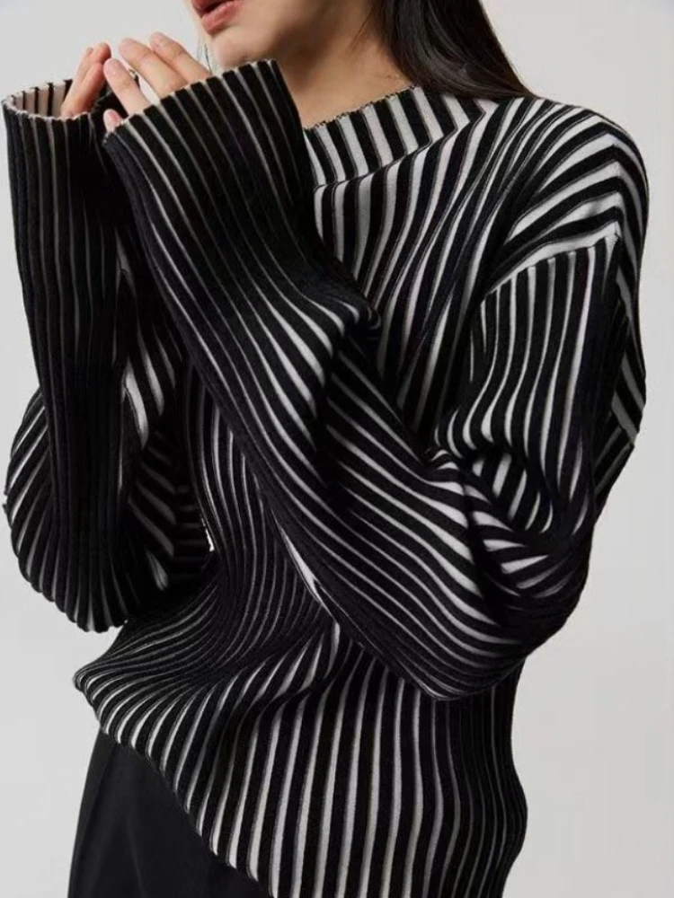 

Vintage Casual Half Turtleneck Sweaters Y2k Contrast Color Striped Pullover Fashion Loose Women Knitted Jumpers Harajuku Sueter