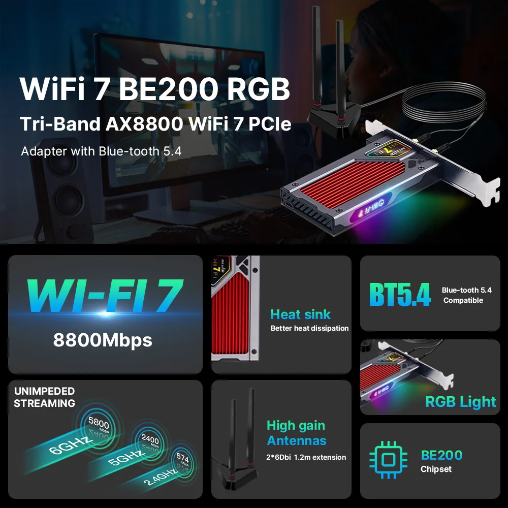 Fenvi-adaptador sem Fio Pcie para pc Wi-fi Bluetooth 5.4 802.11be Luz Rgb Placa de Rede Tri Band 6g 5g 2.4g Win 10 11 Be200 - Imagem 2