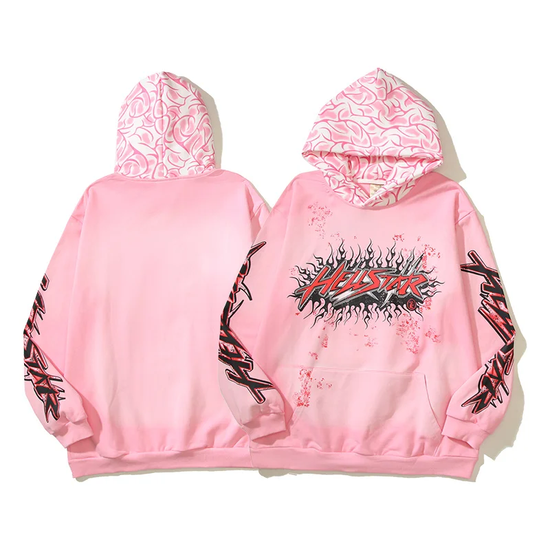 

Vintage Pink Hellstars Hoodies Men Women High Quality Fleece Sweatshirt Hand Painted Graffiti Pullover