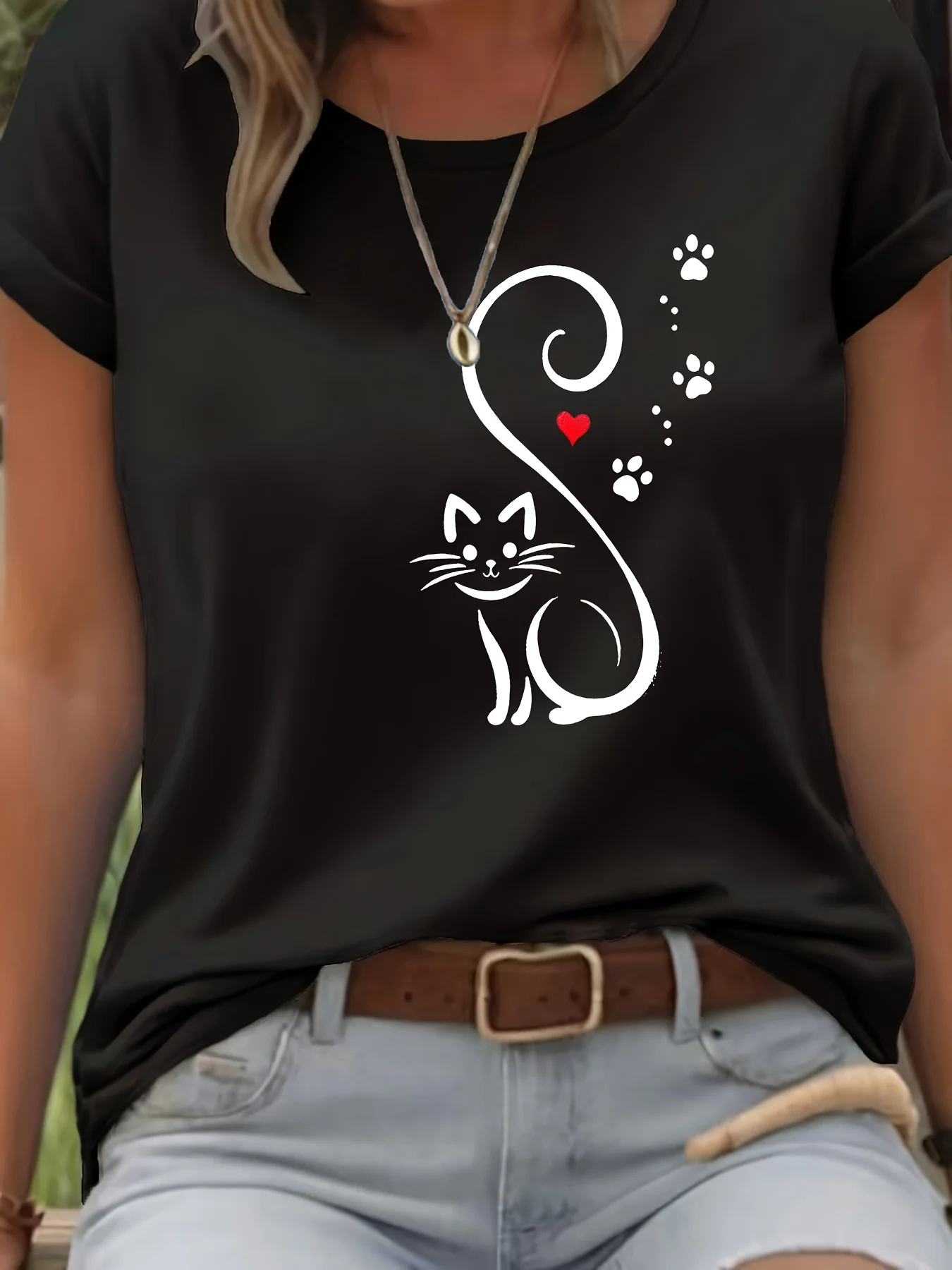 Women's Casual Crew Neck Short Sleeve T-Shirt with Cute Cat Print 90s Vintage T Shirt Graphic Y2k Tshirt Tee Tops Clothes Female