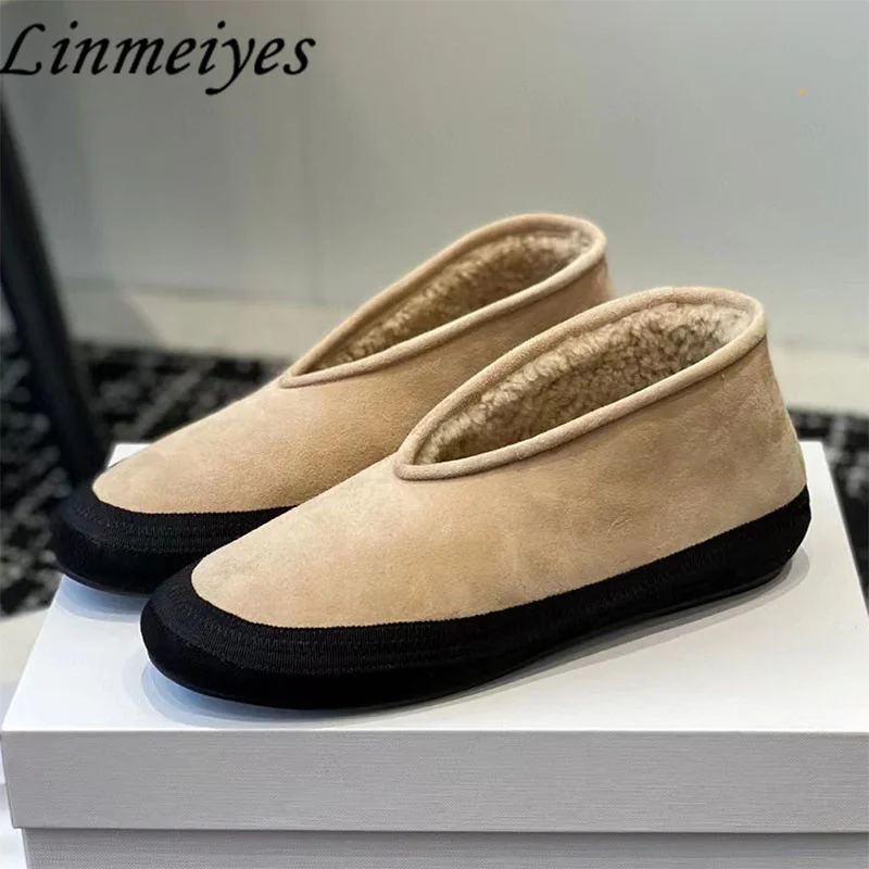 

Winter New Kid Suede Flat Loafers Women Round Toe Slip-On Wool Warm Shoes Female Outdoors Leisure Walking Plush Boots Woman