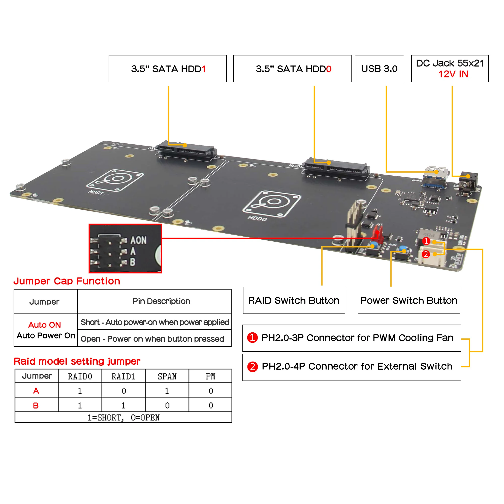 Geekworm NASPi Gemini 3.5  3.5 ġ SATA HDD NAS ̽, PWM , RAID,    ڵ  ѱ,   4 