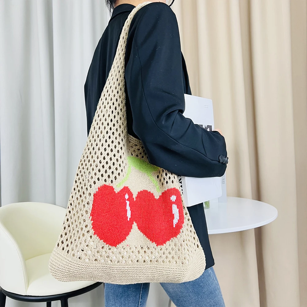 Trendy Crochet Bag for Women Cherry Tote Bags Woven Shoulder Bags Raffia Summer Beach Bag Female Travel Bag Luxury Handbag Purse