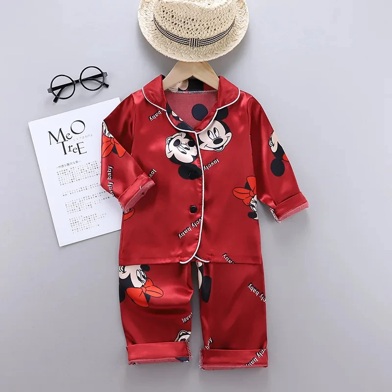 Kids Pajamas Set Disney Mickey Mouse 2Pcs Silk Satin Long Sleeve Top Trousers Baby Boys Girls Cartoon