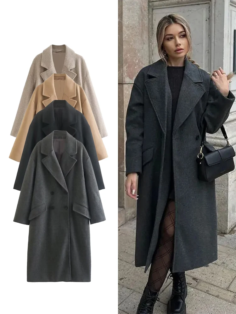 Osheoiso Chic Manteau En Laine Femme Elegant Longue Veste Outwear Automne Hiver Pull Manche Longue Tunique Tops Blousons Avec Poches B Gris S