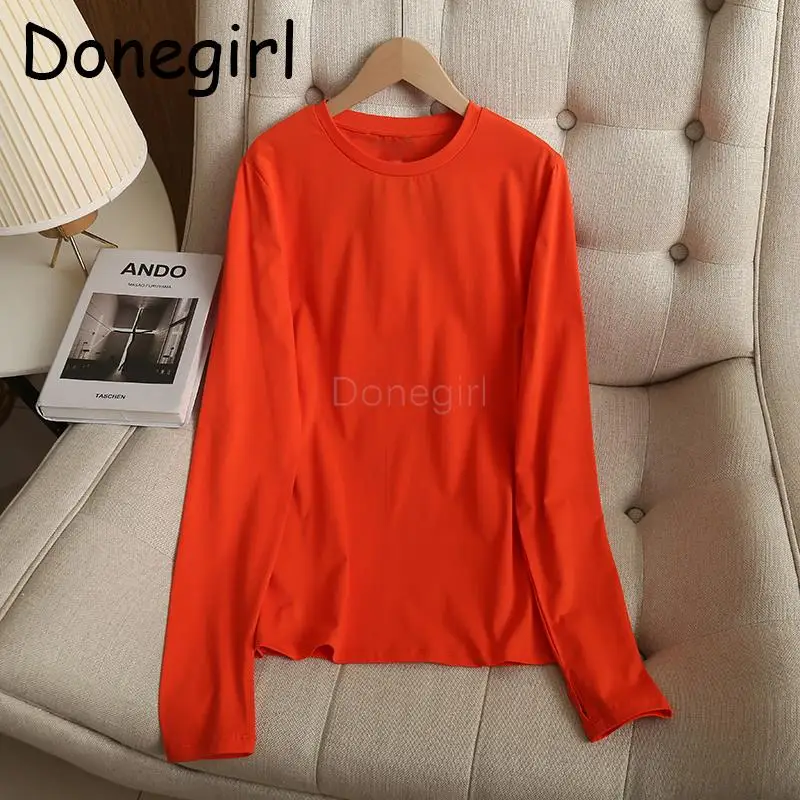 

Donegirl 2023 Women New Fashion Long Sleeve Solid Round Neck Spring Summer T-shirt Casual Basic Versatile Tops Female Chic Tees