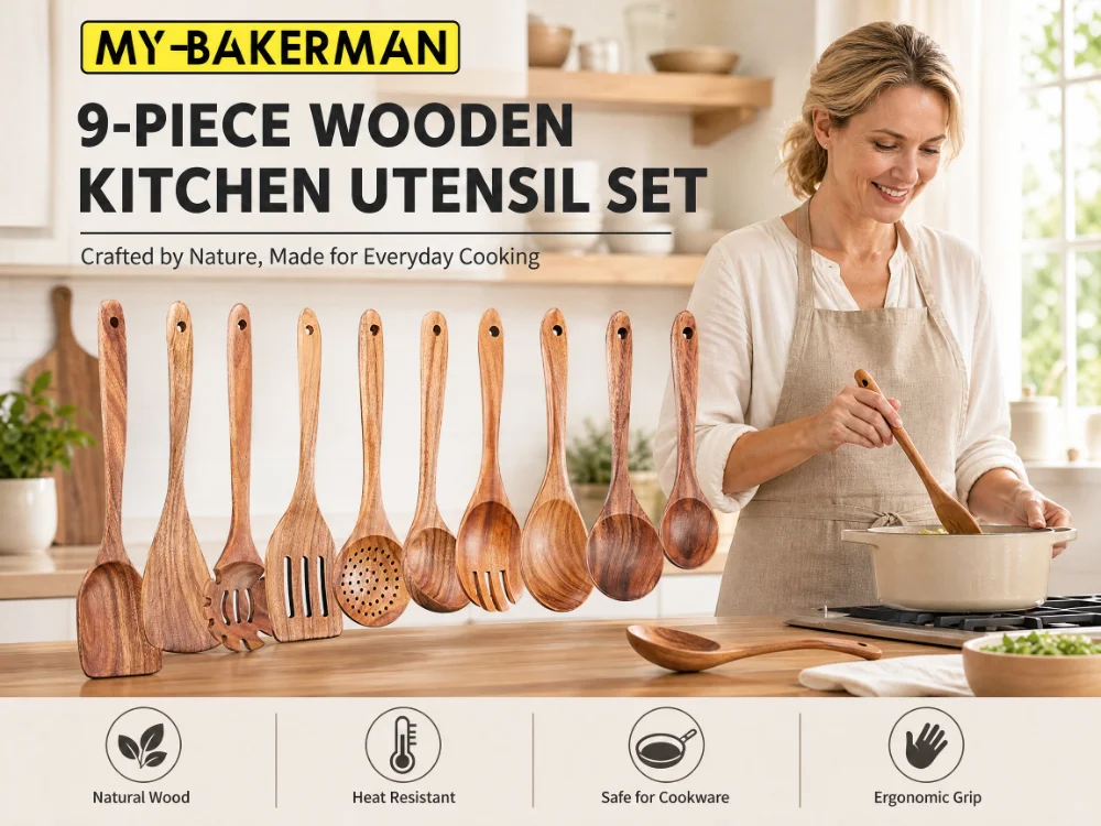Elegant Teak Wooden Kitchen Utensils - Natural Cooking Spoon Set (1-9 Pieces)