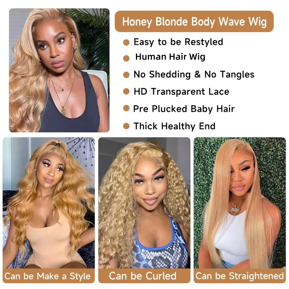 250% Density 30 40 Inch Honey Blonde Body Wave Lace Front Wig Human Hair 613 HD Lace Frontal Human Hair Wig 13x6 Pre Plucked 5