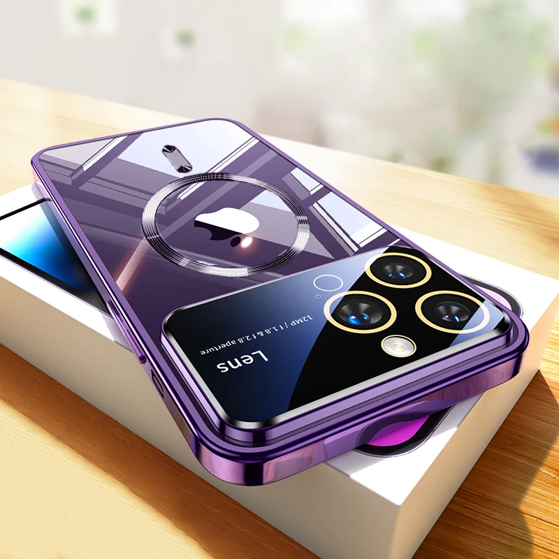 

For Magsafe Magnetic Wireless Charging Plating Clear Case For iPhone 14 Plus 13 12 11 Pro Max Large Window Lens Protector Cover