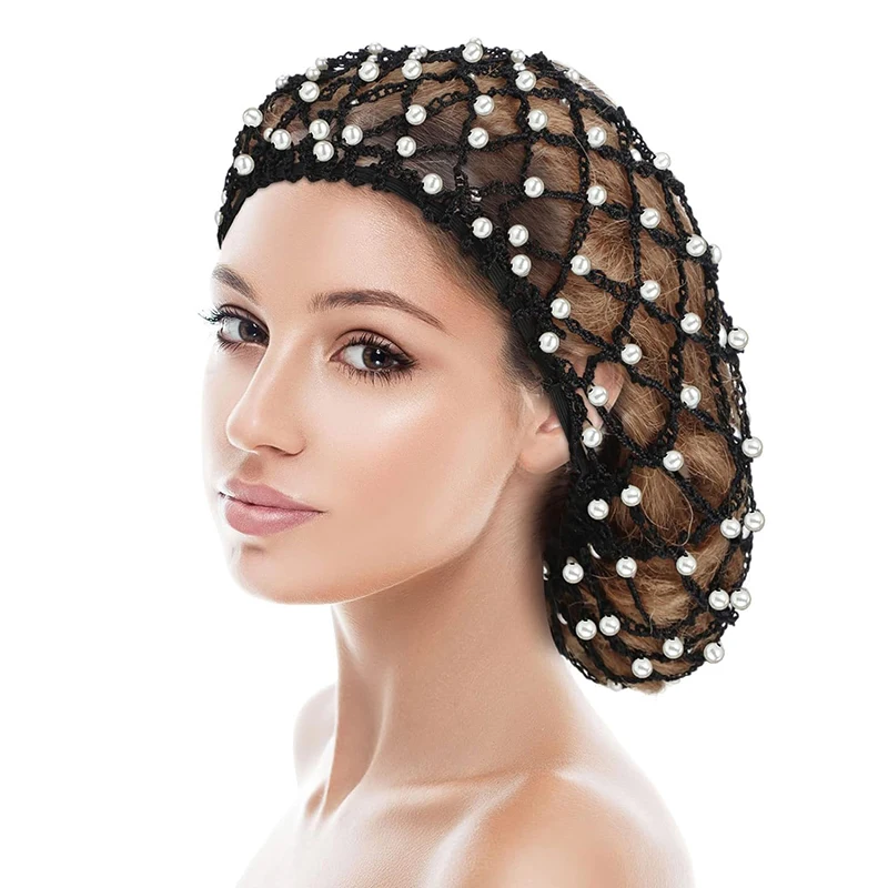 

Women's Hair Net Rayon Mesh Snood Headwrap Pearl Beaded Crochet Cap Oversize Soft Fashion Design Ladies Elastic Hat Hairwear